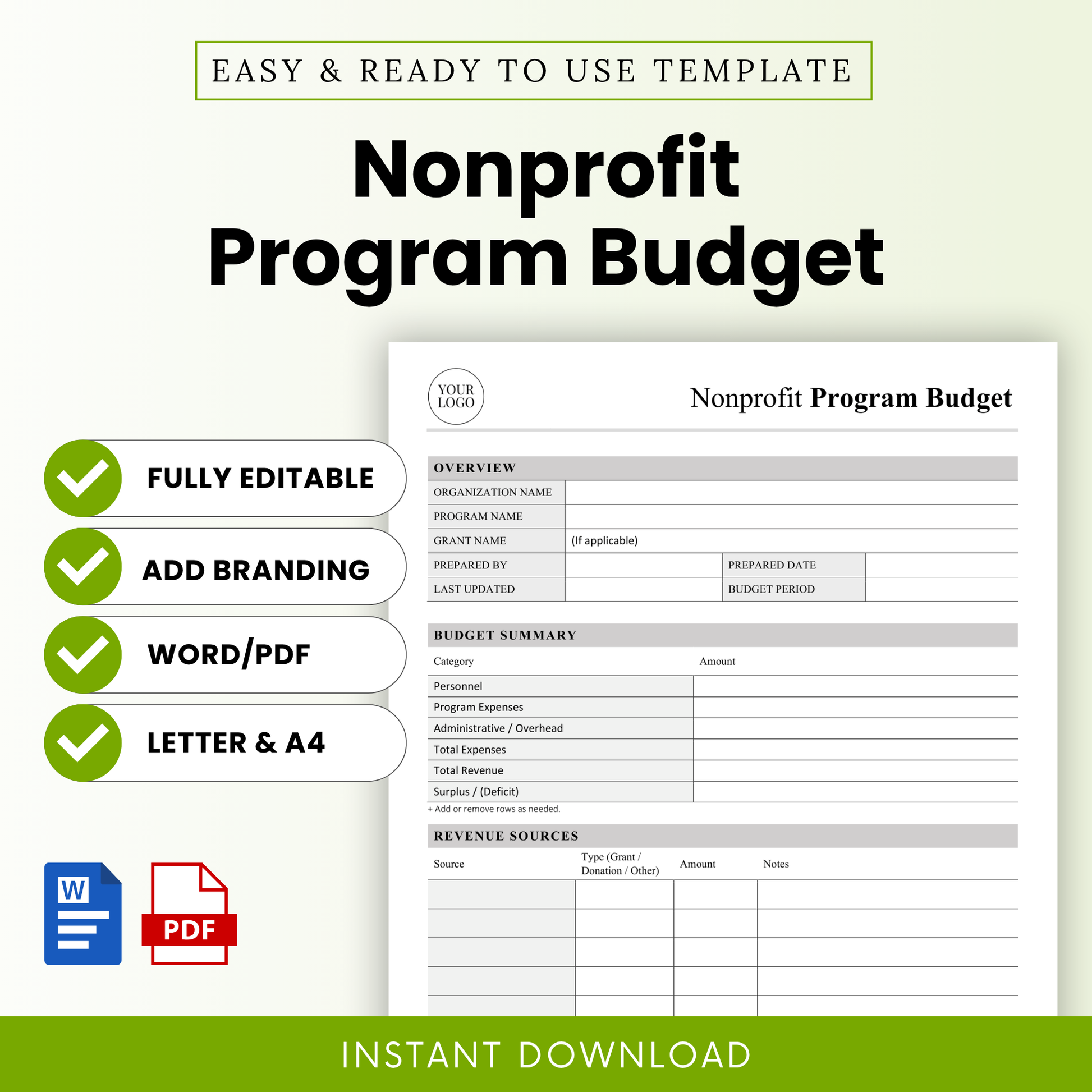 Nonprofit Program Budget Template Word and Nonprofit Program Budget Template PDF shown in a clean, minimalist layout with editable sections for nonprofit financial planning. This simple Nonprofit Program Budget Template is ideal for nonprofits, grant writers, and teams needing an organized, printable business template for budgeting.