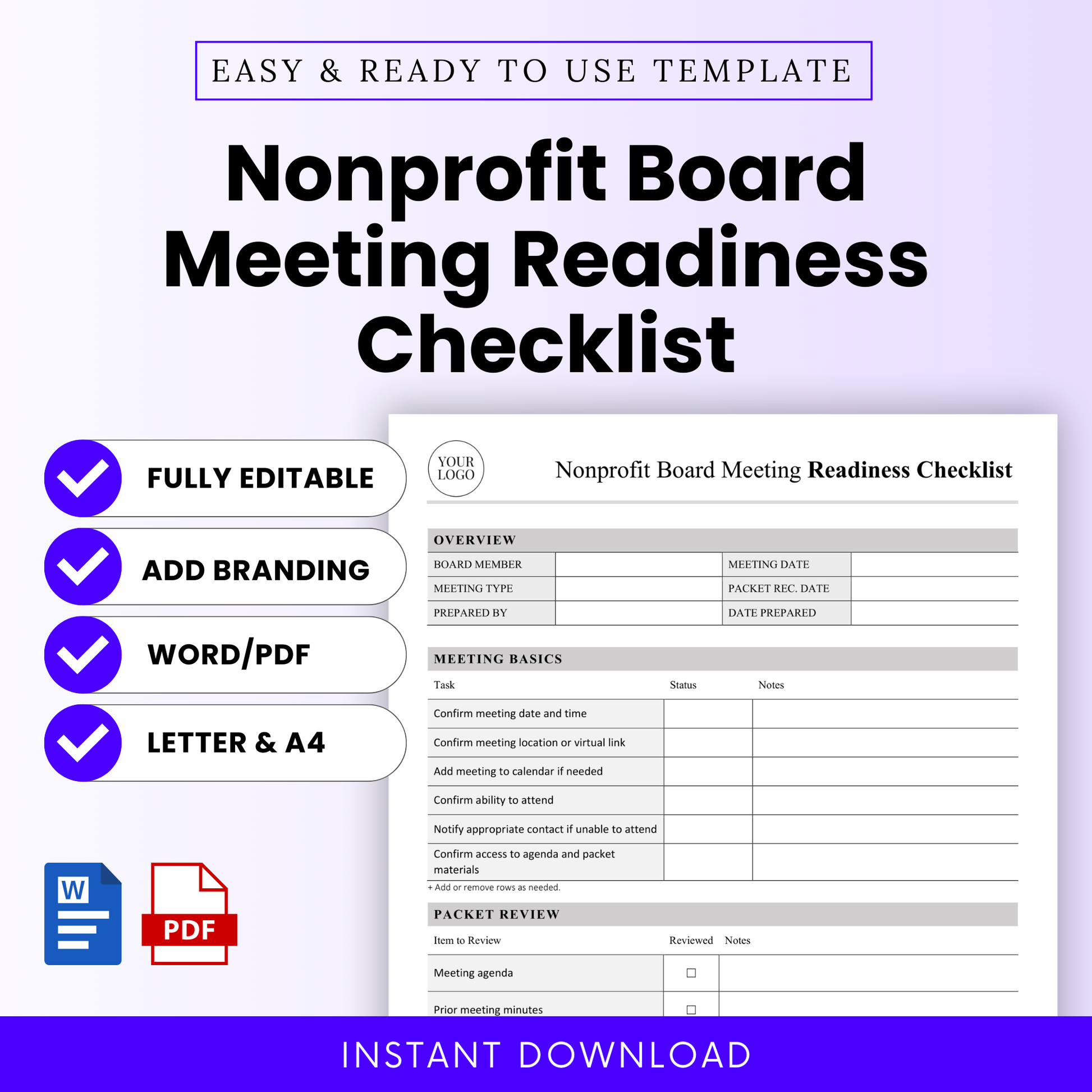 Editable nonprofit board meeting readiness checklist template cover image featuring a clean gray background, bold black title text, preview of the checklist document, and feature callouts for fully editable, add branding, Word and PDF, and Letter and A4 sizes for nonprofit board meeting preparation