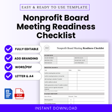 Editable nonprofit board meeting readiness checklist template cover image featuring a clean gray background, bold black title text, preview of the checklist document, and feature callouts for fully editable, add branding, Word and PDF, and Letter and A4 sizes for nonprofit board meeting preparation