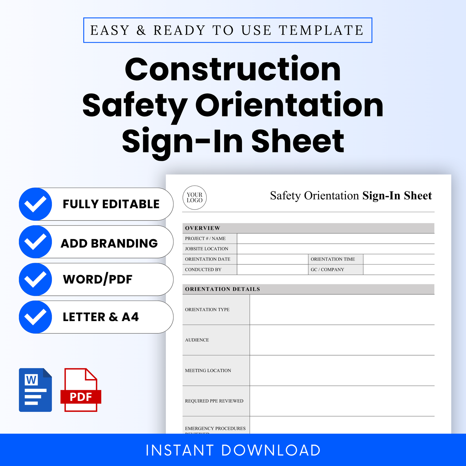 Construction safety orientation sign-in sheet template preview with editable form layout, Word and PDF icons, fully editable features, jobsite safety document, instant download