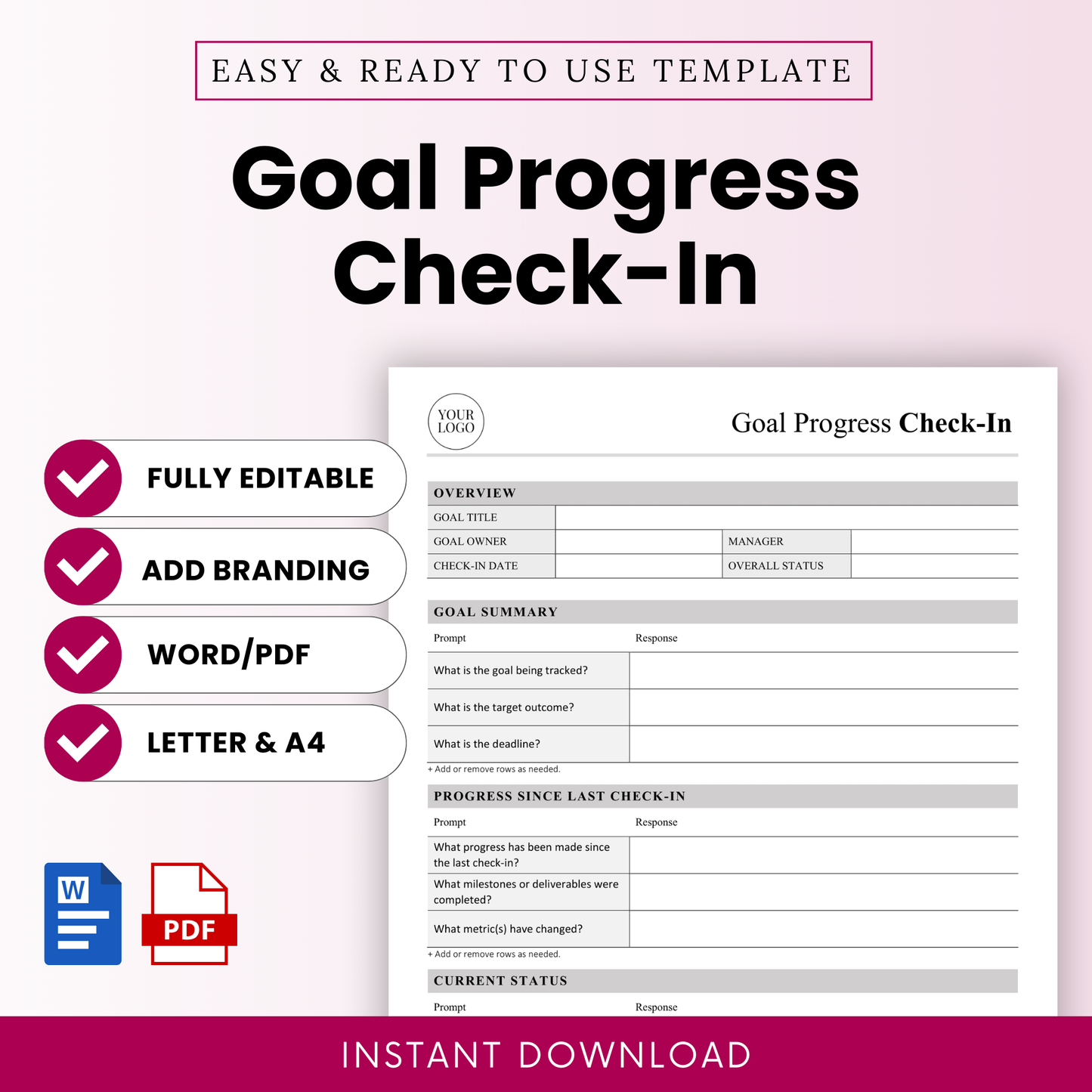 Goal progress check-in template preview with editable sections for overview, goal summary, progress updates, current status, and challenges, designed for business or team tracking in Word and PDF formats