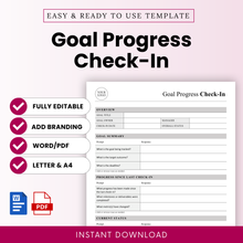 Goal progress check-in template preview with editable sections for overview, goal summary, progress updates, current status, and challenges, designed for business or team tracking in Word and PDF formats
