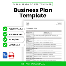 Editable Business Plan Template for small businesses and startups. Shown with structured sections for business overview, market analysis, products or services, and sales strategy. Includes checkmarks for features: fully editable, add branding, available in Word and PDF, Letter and A4 sizes. Instant download banner at the bottom.