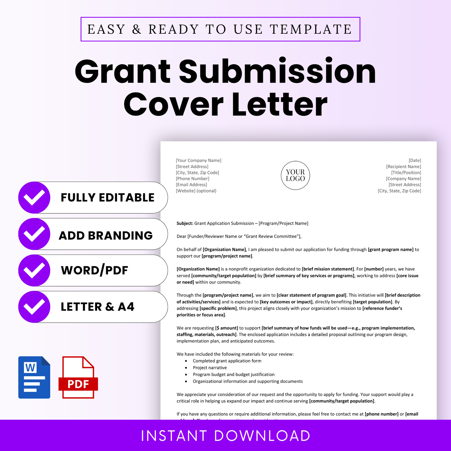 Grant Cover Letter Template Word and Grant Cover Letter Template PDF shown in a clean, minimalist layout with editable sections and branding options. This simple Grant Submission Cover Letter Template is perfect for nonprofits, grant writers, and organizations seeking funding, offering a professional and printable business template for easy customization.