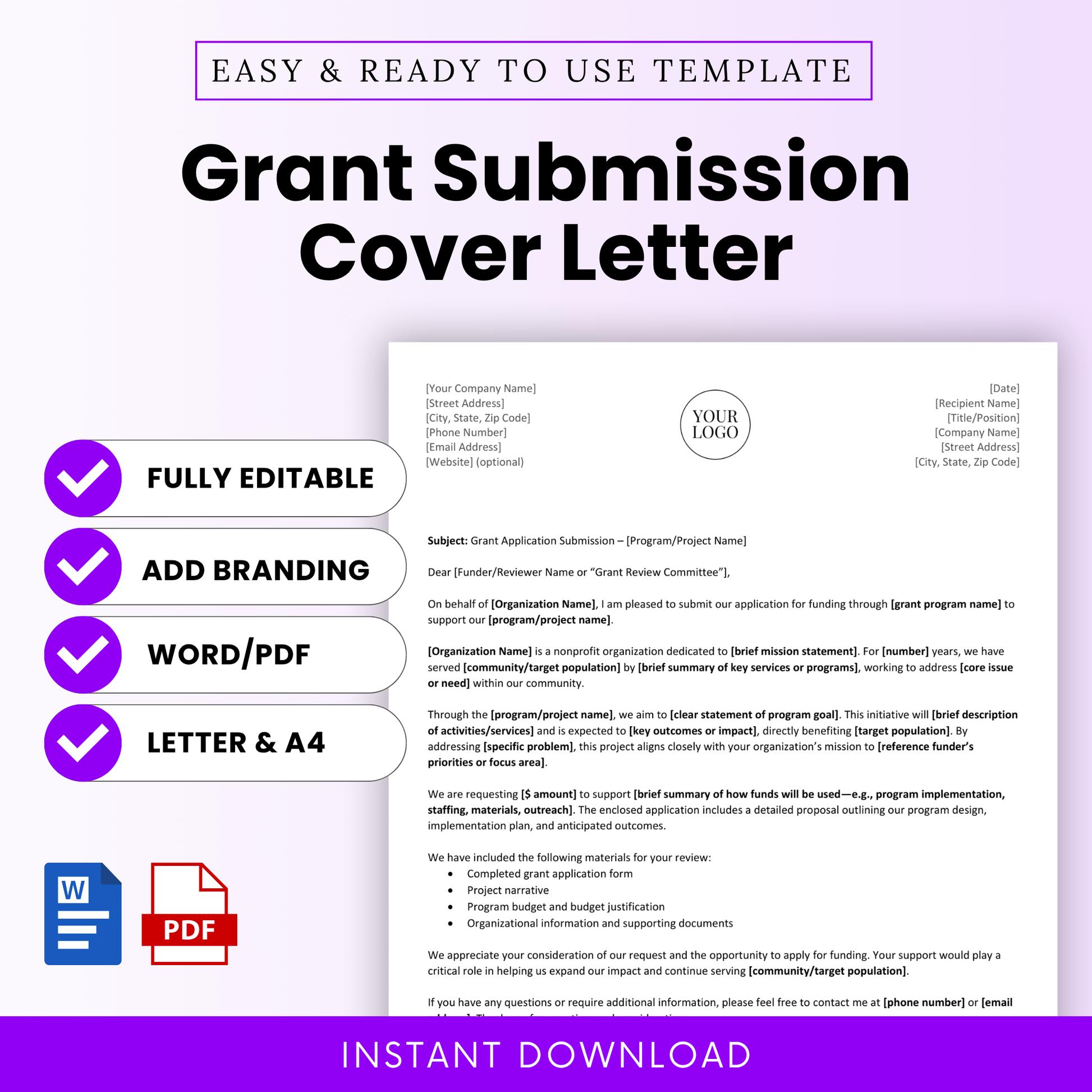 Grant Cover Letter Template Word and Grant Cover Letter Template PDF shown in a clean, minimalist layout with editable sections and branding options. This simple Grant Submission Cover Letter Template is perfect for nonprofits, grant writers, and organizations seeking funding, offering a professional and printable business template for easy customization.