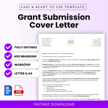 Grant Cover Letter Template Word and Grant Cover Letter Template PDF shown in a clean, minimalist layout with editable sections and branding options. This simple Grant Submission Cover Letter Template is perfect for nonprofits, grant writers, and organizations seeking funding, offering a professional and printable business template for easy customization.