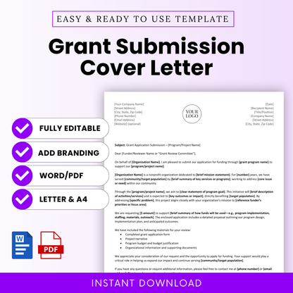 Grant Cover Letter Template Word and Grant Cover Letter Template PDF shown in a clean, minimalist layout with editable sections and branding options. This simple Grant Submission Cover Letter Template is perfect for nonprofits, grant writers, and organizations seeking funding, offering a professional and printable business template for easy customization.