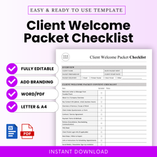 A clean and modern client welcome packet checklist template with a minimalist layout, editable sections, and preview of the document in Word format for service-based businesses