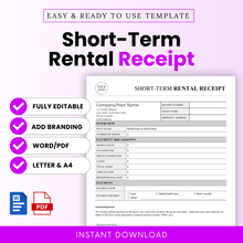 Modern short-term rental receipt template with a clean layout, designed for vacation rental hosts, featuring editable fields and instant download in Word and PDF formats
