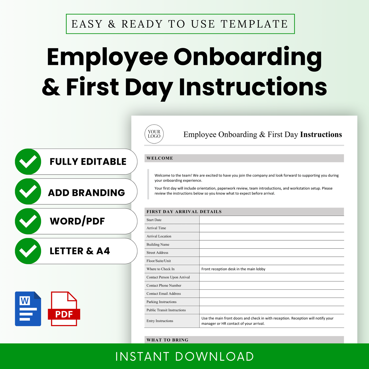 Employee onboarding and first day instructions template with editable sections, checklist icons, Word and PDF formats, and clean minimalist HR document layout