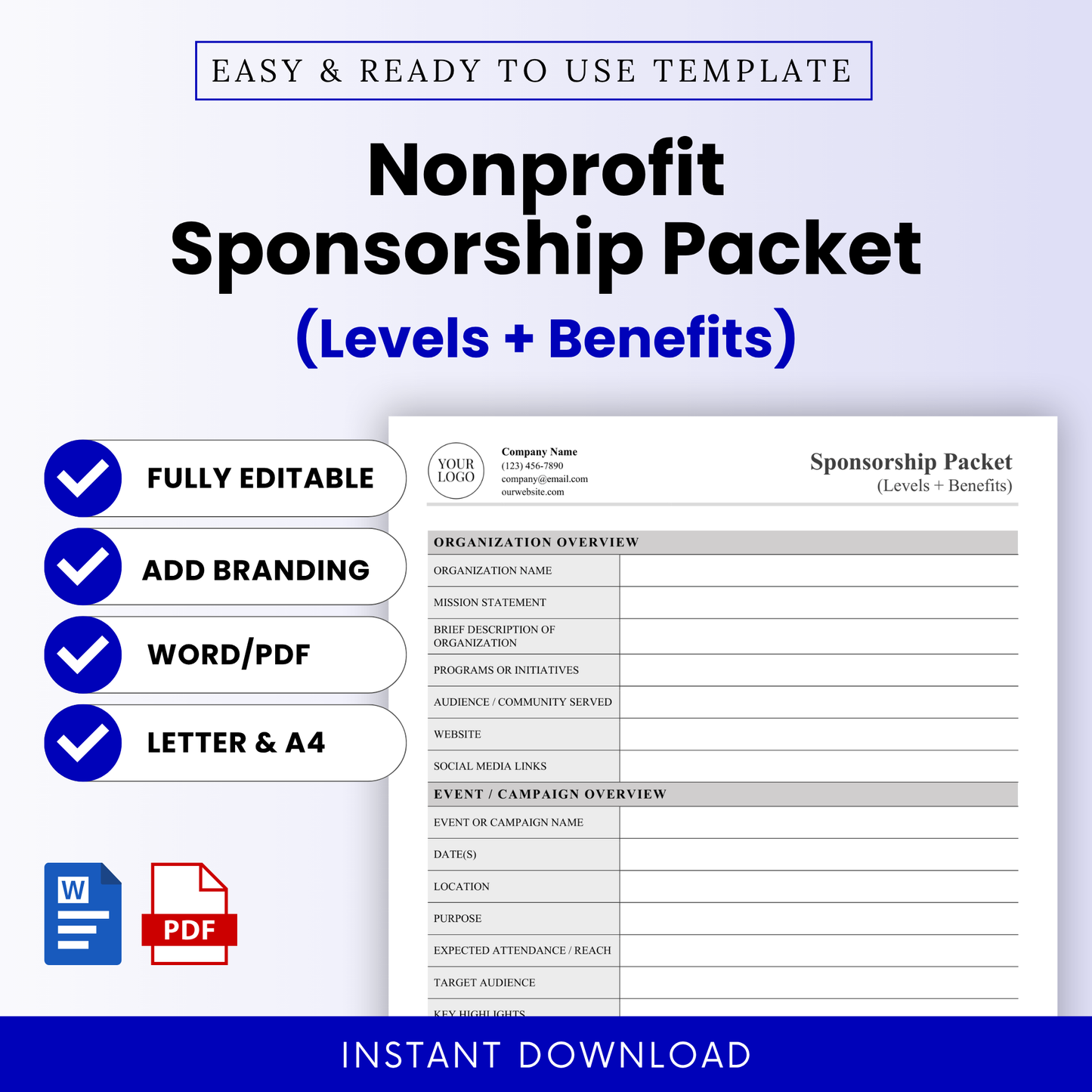 Nonprofit Sponsorship Packet Template Word and Nonprofit Sponsorship Packet Template PDF shown on a clean, modern cover design with editable layout. This simple Nonprofit Sponsorship Packet Template is ideal for nonprofits, charities, and fundraising teams creating professional sponsorship proposals with customizable branding and clear sections.