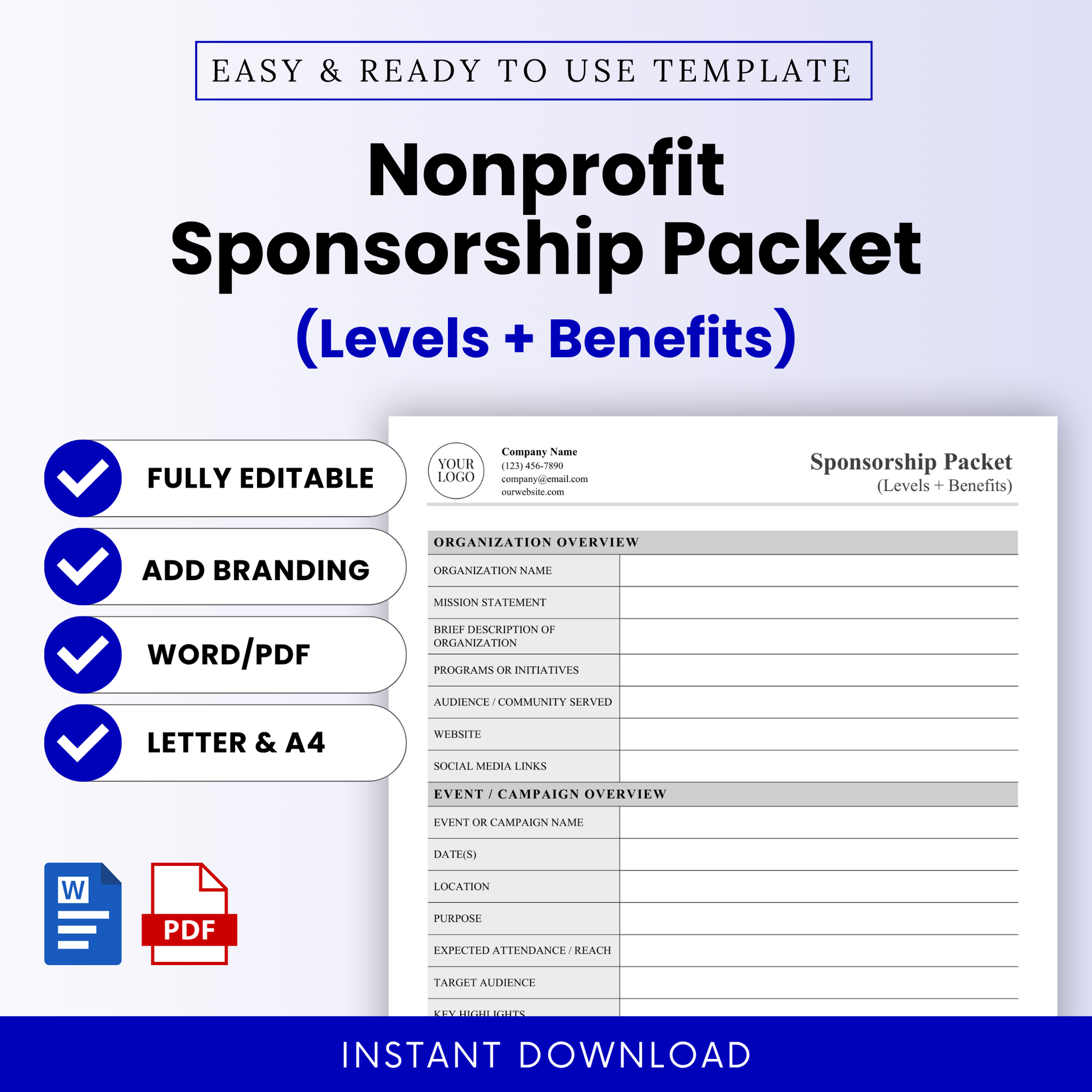 Nonprofit Sponsorship Packet Template Word and Nonprofit Sponsorship Packet Template PDF shown on a clean, modern cover design with editable layout. This simple Nonprofit Sponsorship Packet Template is ideal for nonprofits, charities, and fundraising teams creating professional sponsorship proposals with customizable branding and clear sections.