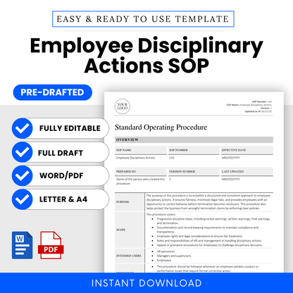 Cover image showcasing the Employee Disciplinary SOP template with editable Word/PDF formats and available in US Letter and A4 sizes