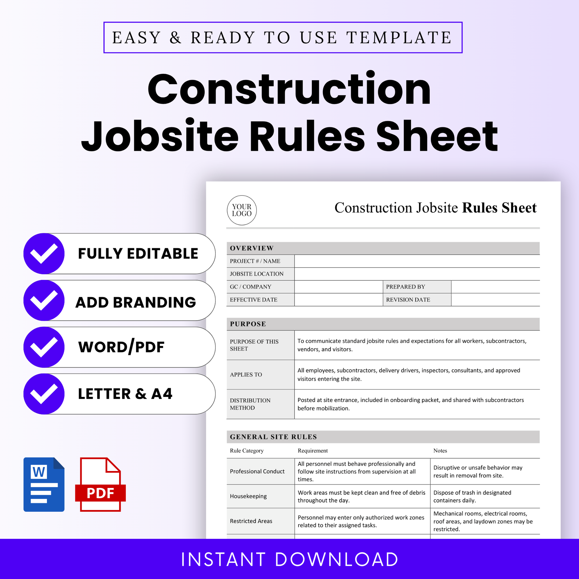 Construction jobsite rules sheet template preview with bold title, editable safety document layout, contractor safety form, printable jobsite policy sheet, Word and PDF template for construction management