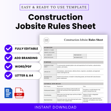 Construction jobsite rules sheet template preview with bold title, editable safety document layout, contractor safety form, printable jobsite policy sheet, Word and PDF template for construction management