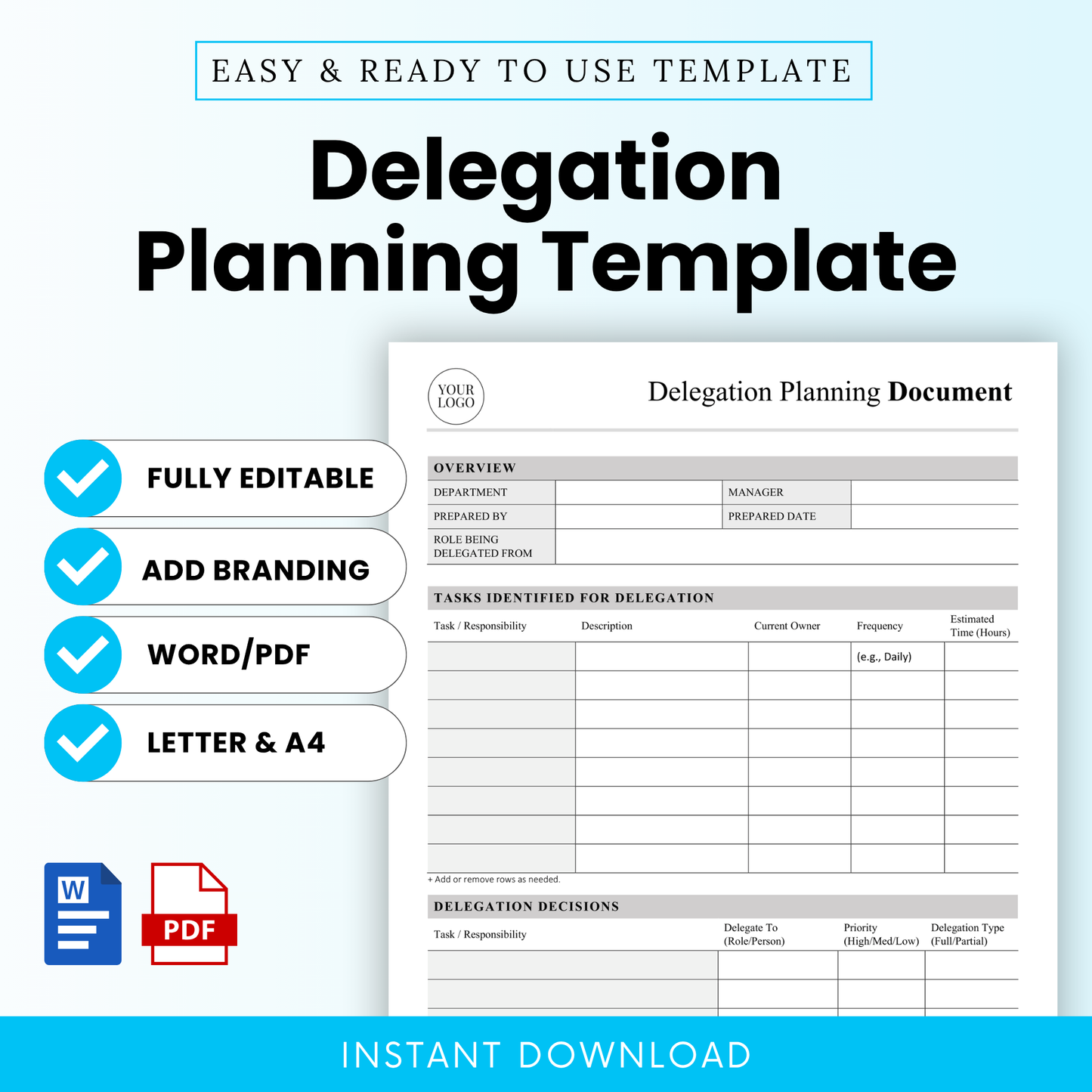 Delegation planning template cover image showing clean minimalist business document layout with editable Word and PDF formats, task delegation planner for managers, includes features like fully editable, add branding, letter and A4 sizes, ideal for team management and workflow organization