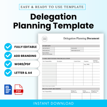 Delegation planning template cover image showing clean minimalist business document layout with editable Word and PDF formats, task delegation planner for managers, includes features like fully editable, add branding, letter and A4 sizes, ideal for team management and workflow organization