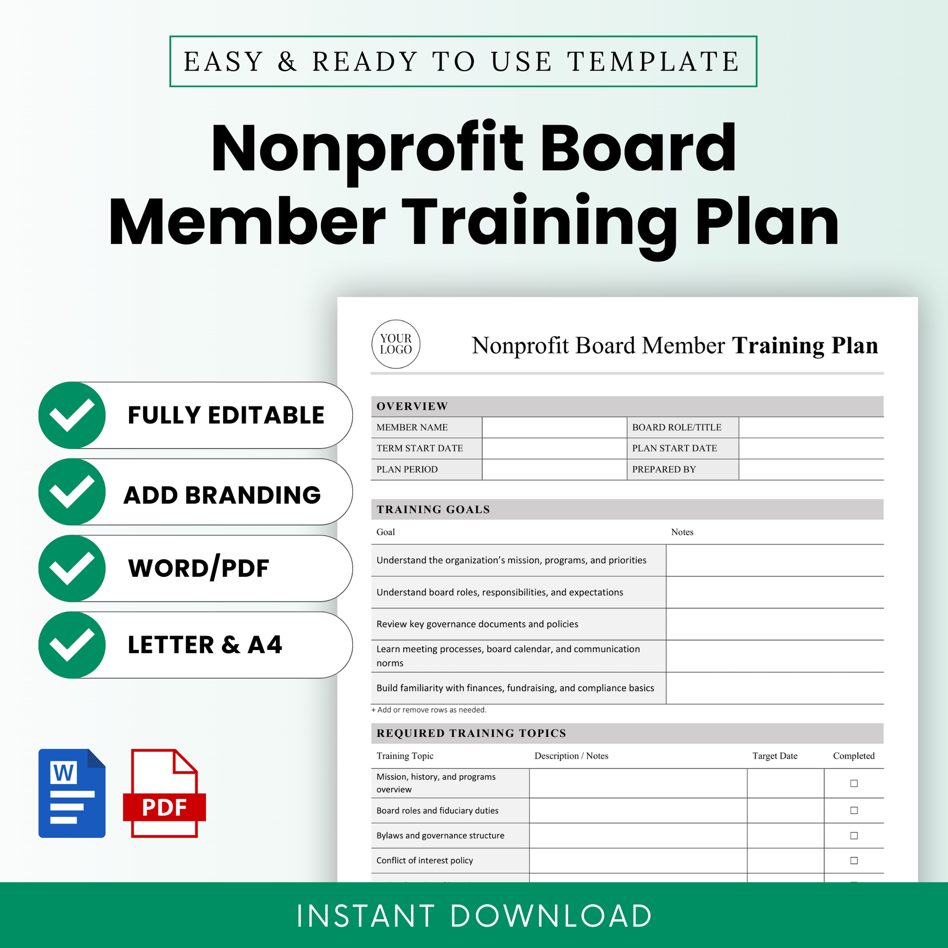 Editable nonprofit board member training plan template preview, showing a clean professional board onboarding document in Word and PDF format with customizable branding, US Letter and A4 sizes, and instant download for nonprofit organizations