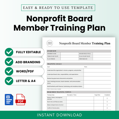 Editable nonprofit board member training plan template preview, showing a clean professional board onboarding document in Word and PDF format with customizable branding, US Letter and A4 sizes, and instant download for nonprofit organizations