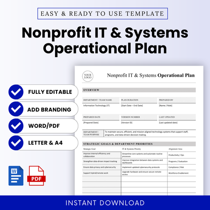 Editable nonprofit IT and systems operational plan template cover with clean minimalist layout, Word and PDF formats, includes overview section, strategic goals table, and instant download digital product for nonprofit organizations
