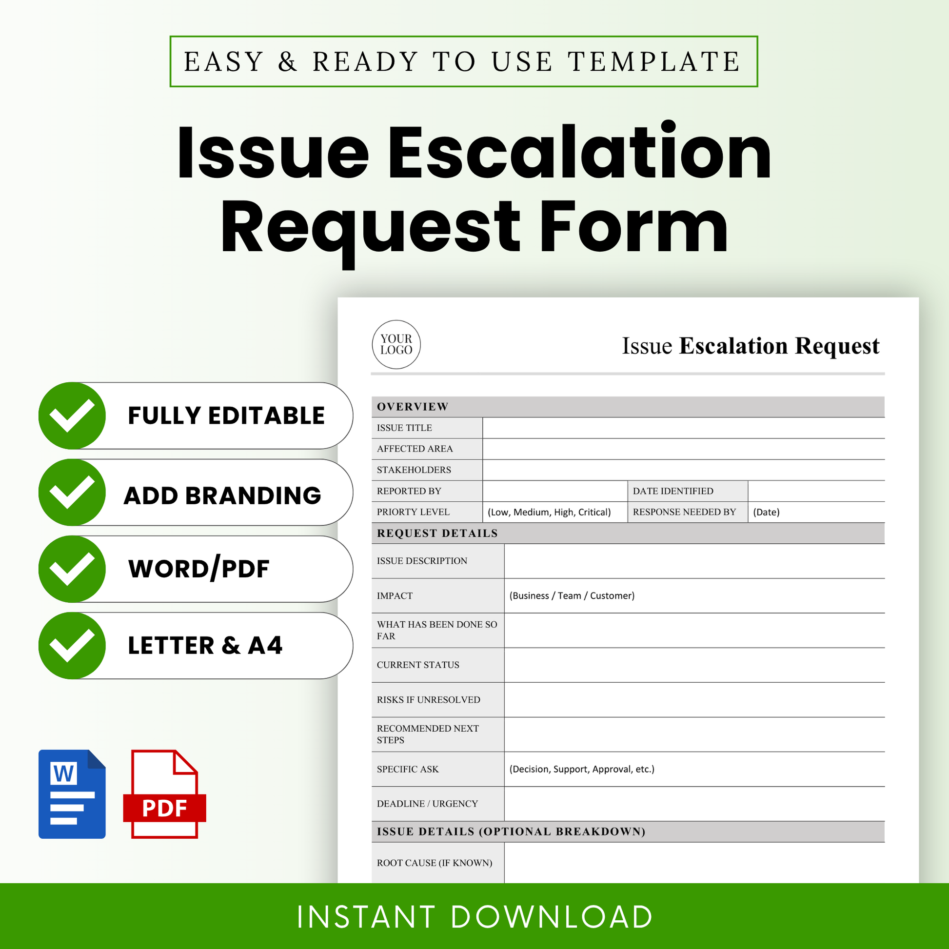 Issue escalation request form template with clean professional layout, editable Word and printable PDF business document for project management and incident reporting