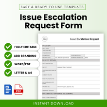 Issue escalation request form template with clean professional layout, editable Word and printable PDF business document for project management and incident reporting