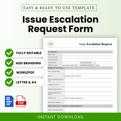 Issue escalation request form template with clean professional layout, editable Word and printable PDF business document for project management and incident reporting