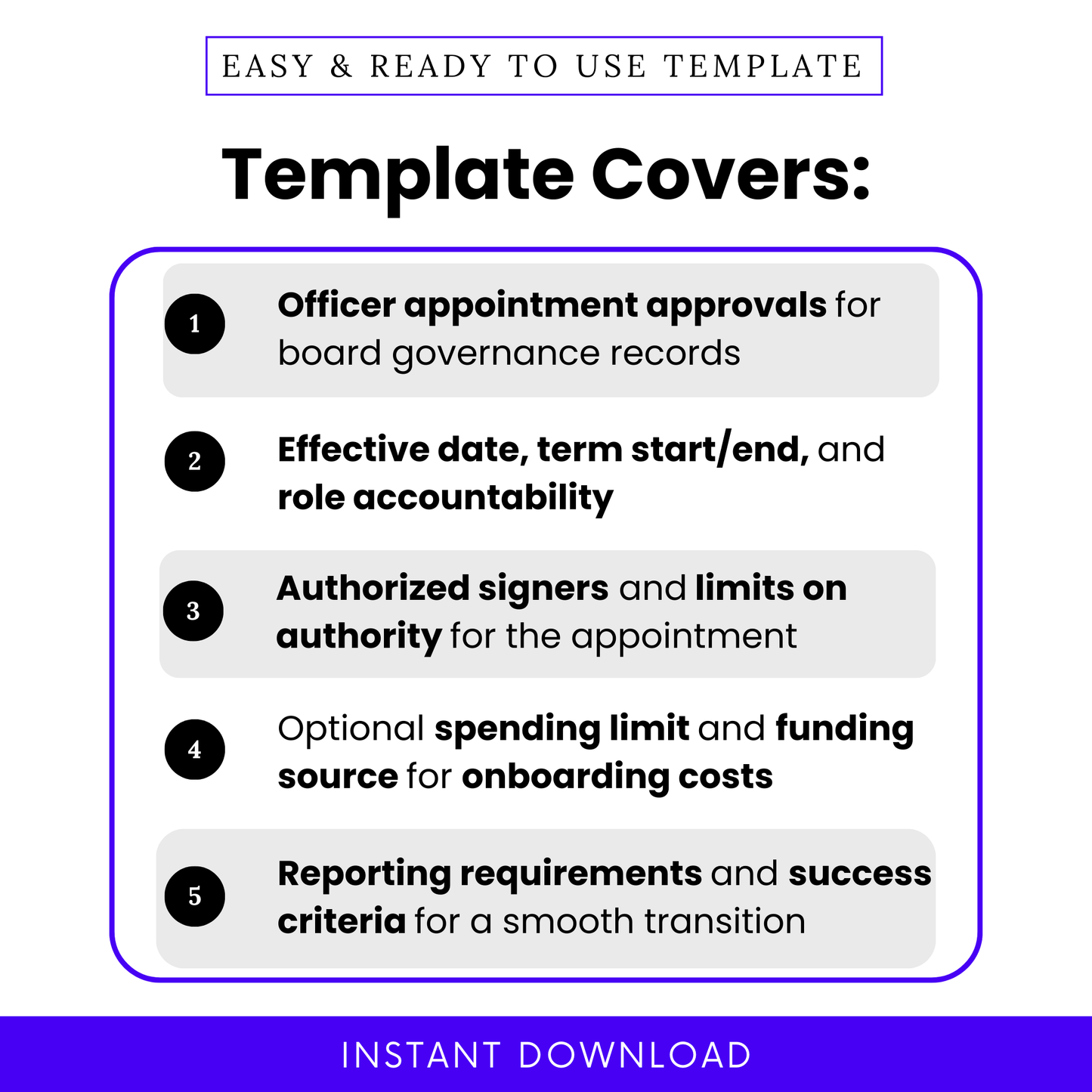 Nonprofit board resolution template overview showing officer appointment approvals, effective dates, authorized signers, spending limits, and reporting requirements for governance and compliance documentation