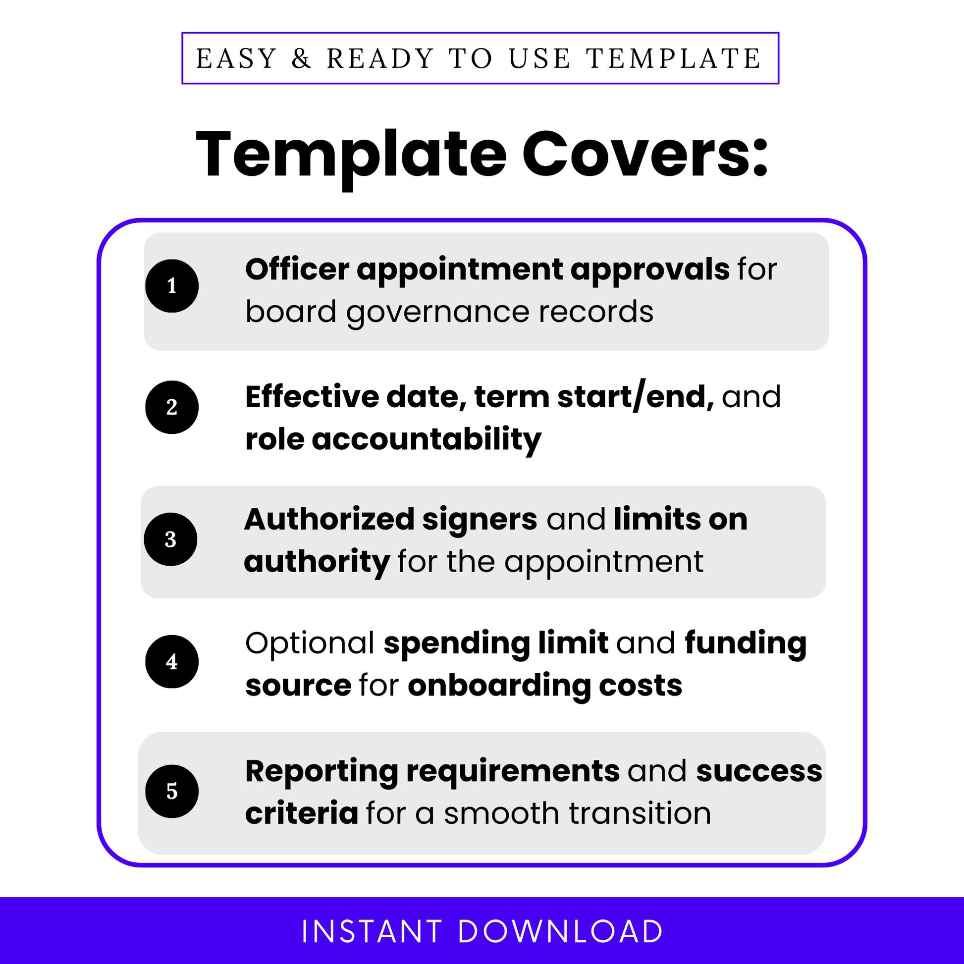 Nonprofit board resolution template overview showing officer appointment approvals, effective dates, authorized signers, spending limits, and reporting requirements for governance and compliance documentation