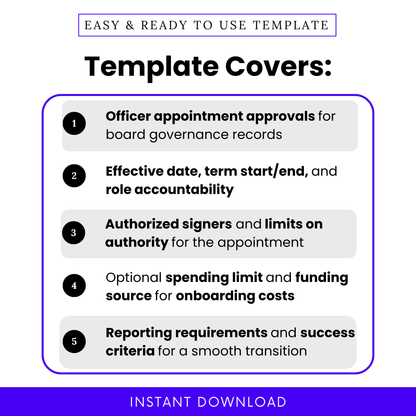 Nonprofit board resolution template overview showing officer appointment approvals, effective dates, authorized signers, spending limits, and reporting requirements for governance and compliance documentation