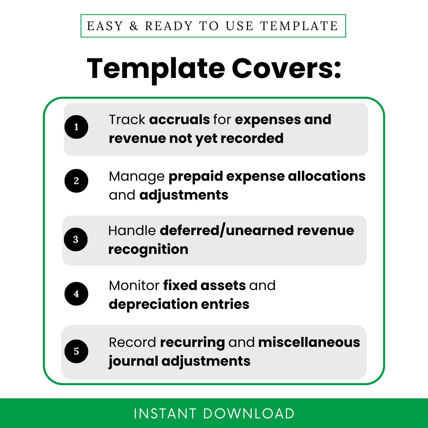 Accounting checklist template features including accrual tracking, prepaid expenses, deferred revenue and journal adjustments, clean modern layout