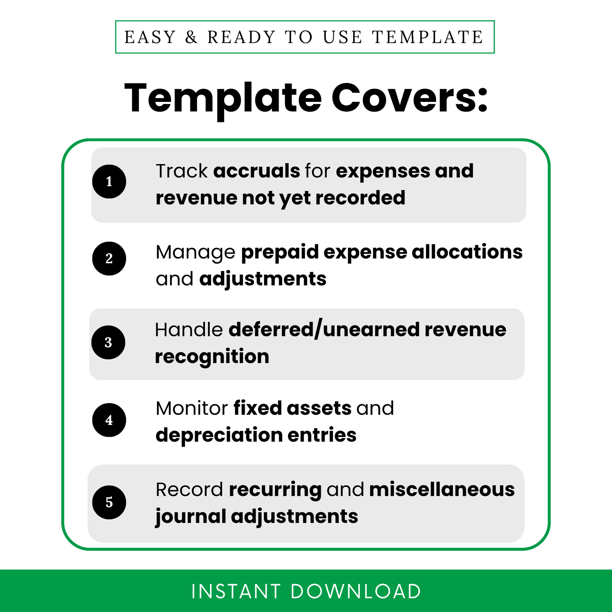 Accounting checklist template features including accrual tracking, prepaid expenses, deferred revenue and journal adjustments, clean modern layout