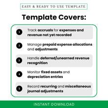 Accounting checklist template features including accrual tracking, prepaid expenses, deferred revenue and journal adjustments, clean modern layout