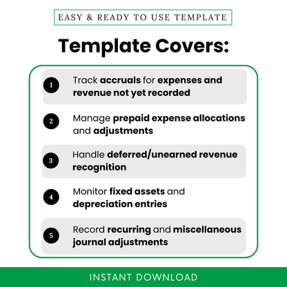 Accounting checklist template features including accrual tracking, prepaid expenses, deferred revenue and journal adjustments, clean modern layout