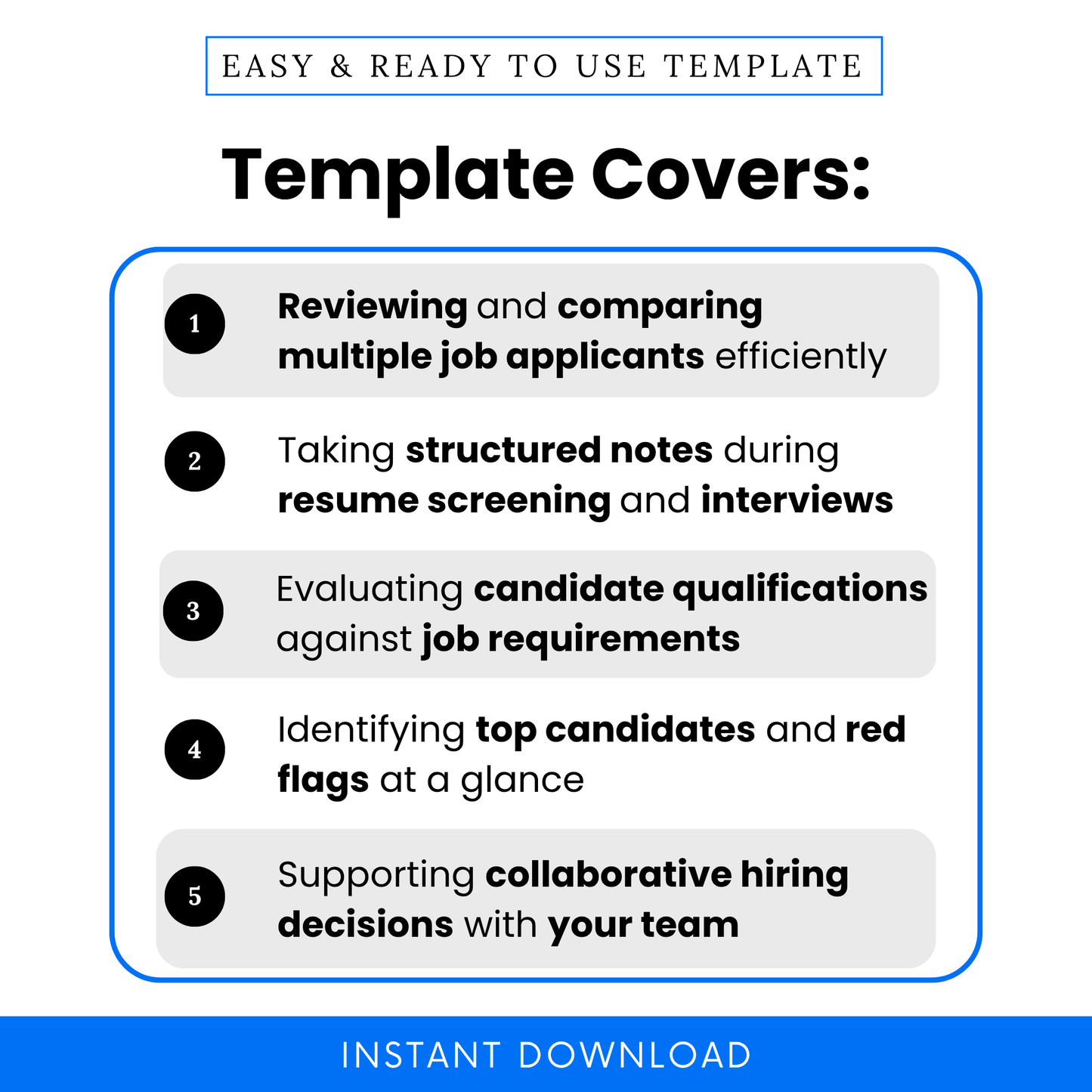 Resume review template use cases showing candidate comparison, interview notes, resume screening checklist, hiring decision support, recruiter workflow tool, HR evaluation form for job applicants
