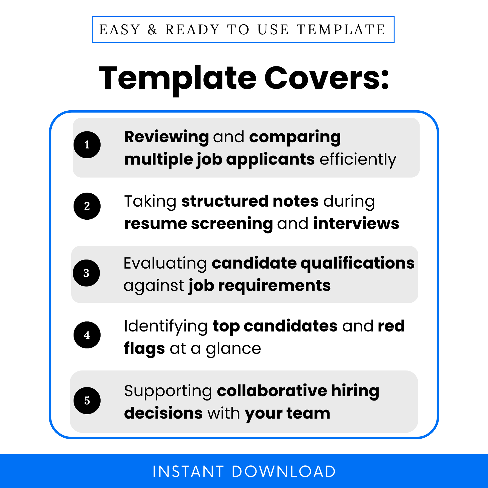 Resume review template use cases showing candidate comparison, interview notes, resume screening checklist, hiring decision support, recruiter workflow tool, HR evaluation form for job applicants