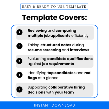 Resume review template use cases showing candidate comparison, interview notes, resume screening checklist, hiring decision support, recruiter workflow tool, HR evaluation form for job applicants