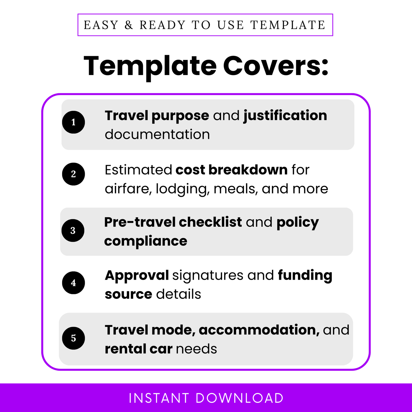 Travel authorization template features list showing travel purpose documentation, cost breakdown, pre travel checklist, approval signatures, and accommodation planning for business travel forms