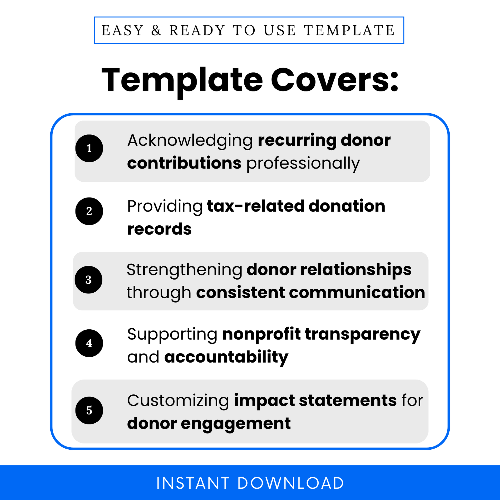 Simple Recurring Donation Letter Template highlighting key use cases like acknowledging contributions and providing tax records. This editable nonprofit template is perfect for organizations looking to streamline donor communication and maintain accurate documentation.