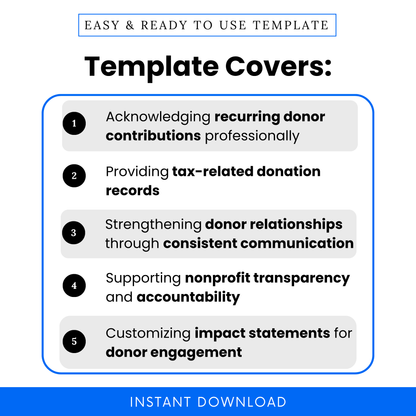 Simple Recurring Donation Letter Template highlighting key use cases like acknowledging contributions and providing tax records. This editable nonprofit template is perfect for organizations looking to streamline donor communication and maintain accurate documentation.