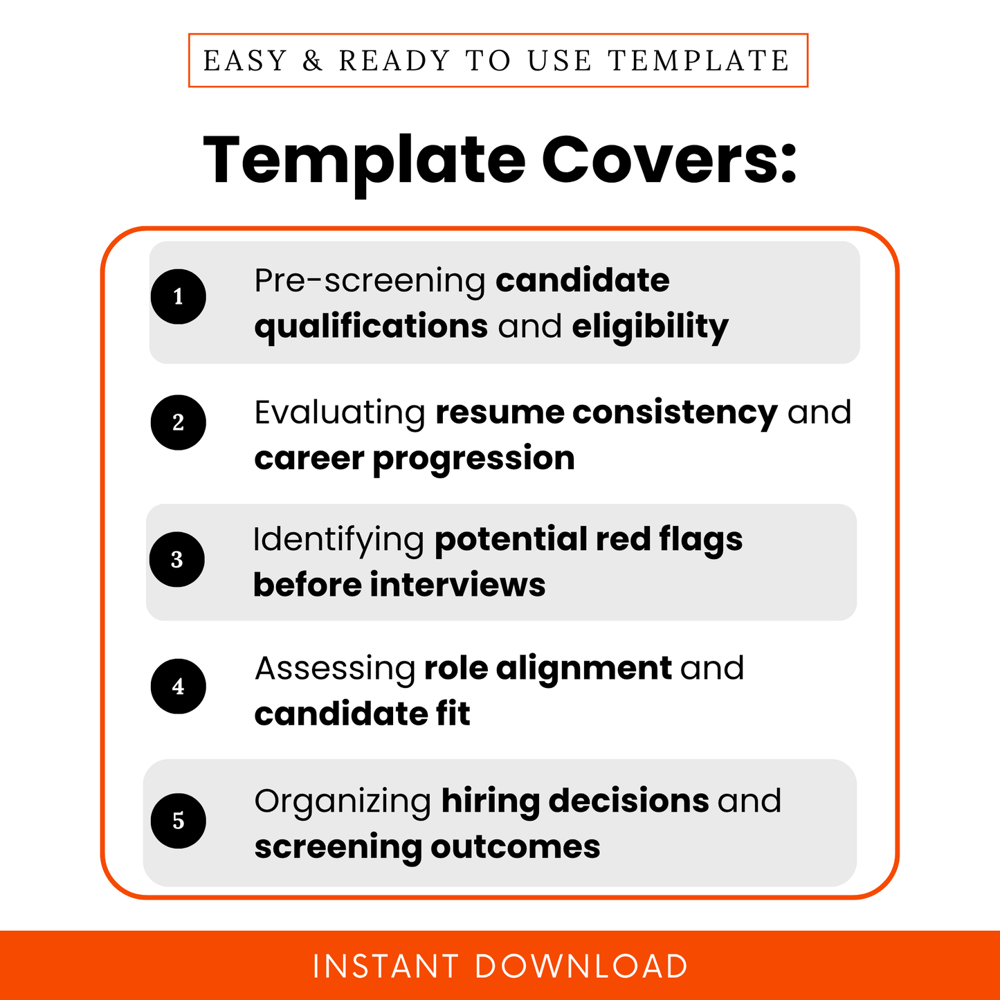 Easy-to-follow candidate screening checklist highlighting pre-screening qualifications, resume review, identifying hiring red flags, assessing candidate fit, and organizing hiring decisions