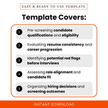 Easy-to-follow candidate screening checklist highlighting pre-screening qualifications, resume review, identifying hiring red flags, assessing candidate fit, and organizing hiring decisions