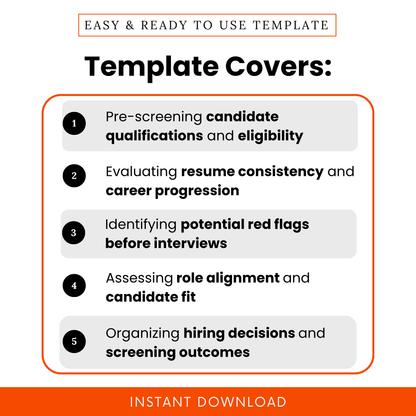 Easy-to-follow candidate screening checklist highlighting pre-screening qualifications, resume review, identifying hiring red flags, assessing candidate fit, and organizing hiring decisions