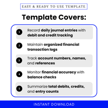 Accounting template features list showing journal entry tracking, debit and credit recording, financial log organization, and bookkeeping accuracy checklist for small business use