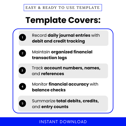 Accounting template features list showing journal entry tracking, debit and credit recording, financial log organization, and bookkeeping accuracy checklist for small business use