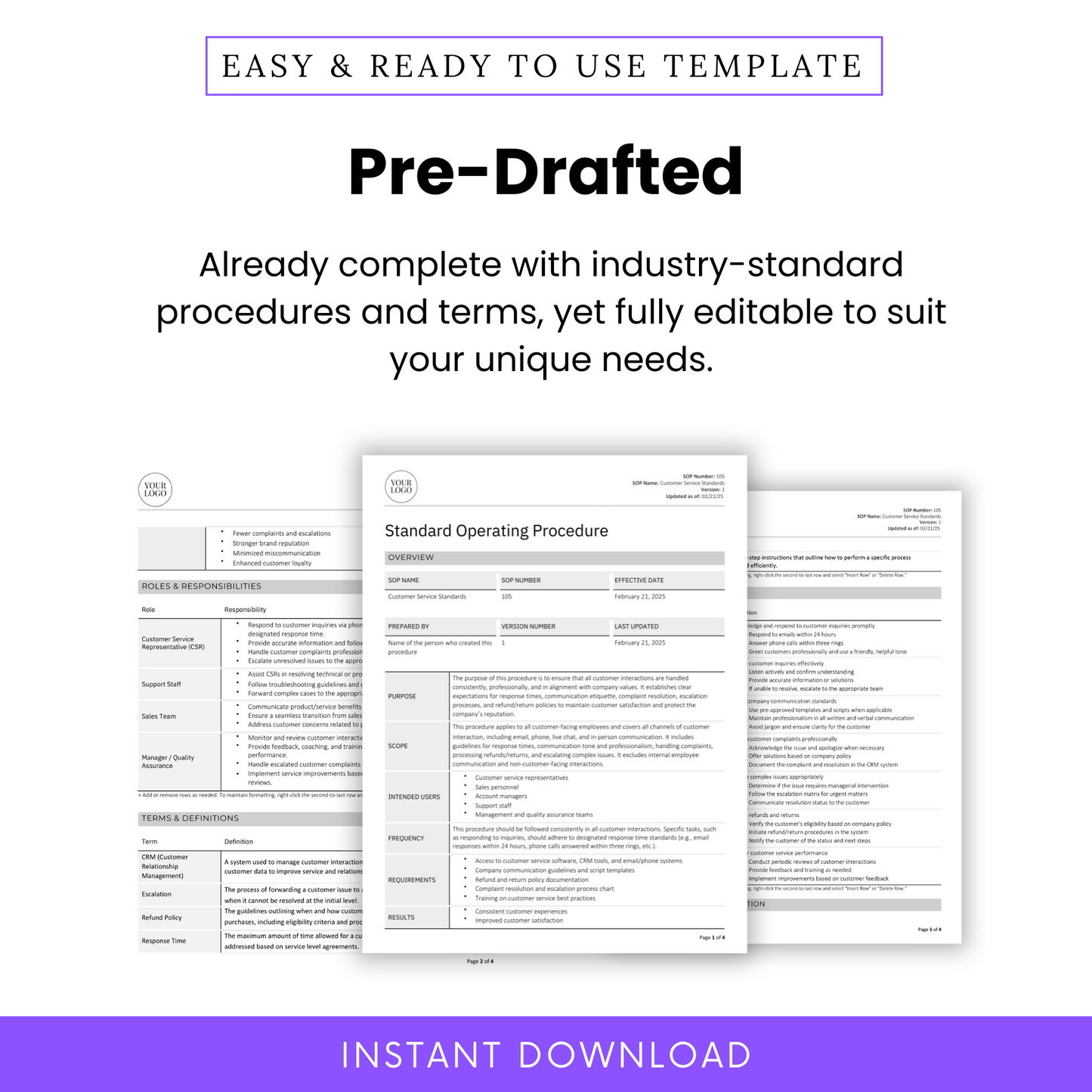 Customer Service Standards SOP Template (Word & PDF) – Simple Standard Operating Procedure Template