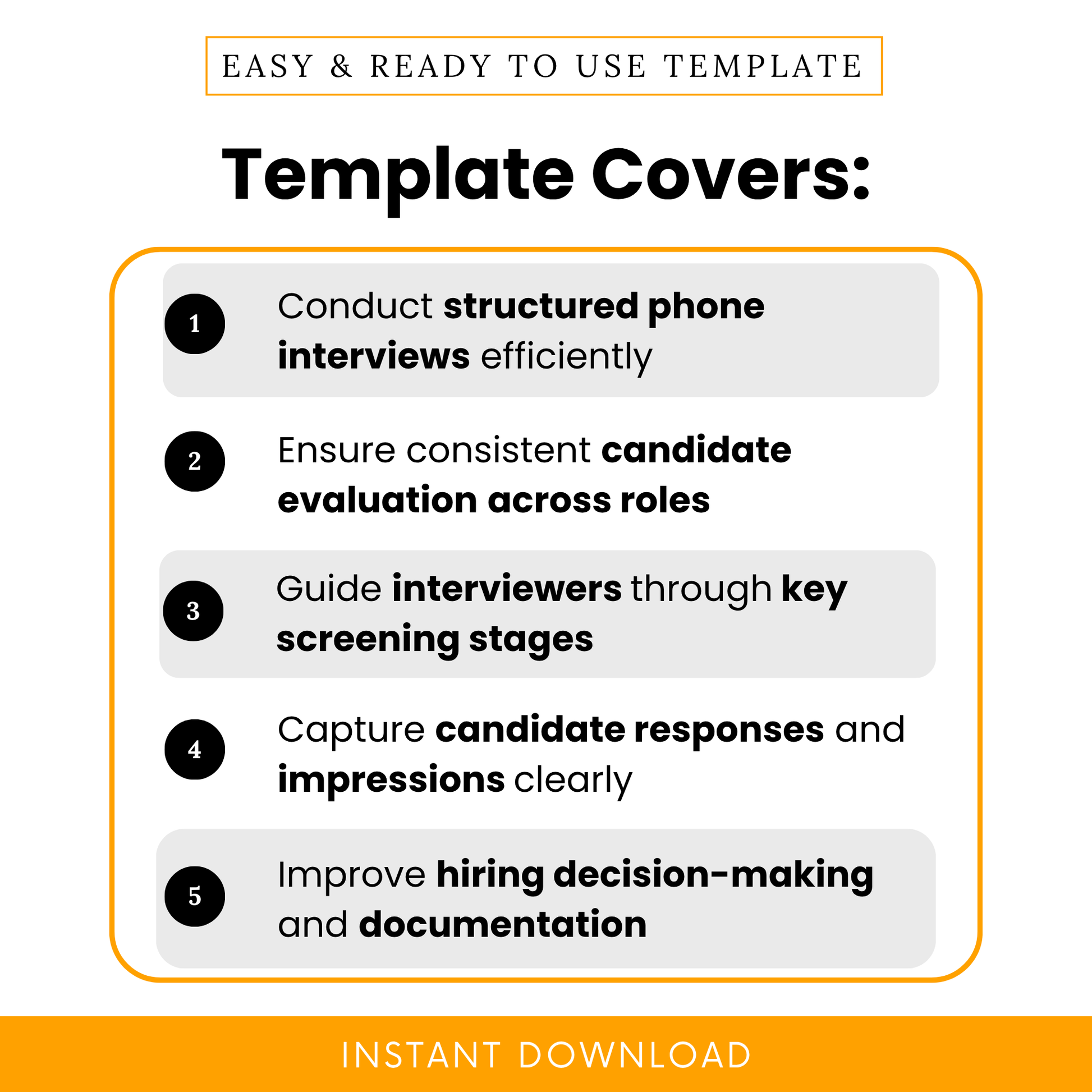 Infographic-style overview showing how the phone screening template helps conduct structured interviews, evaluate candidates consistently, and improve hiring decisions