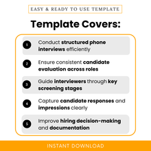 Infographic-style overview showing how the phone screening template helps conduct structured interviews, evaluate candidates consistently, and improve hiring decisions