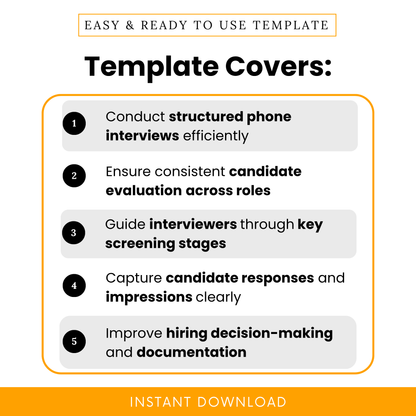 Infographic-style overview showing how the phone screening template helps conduct structured interviews, evaluate candidates consistently, and improve hiring decisions