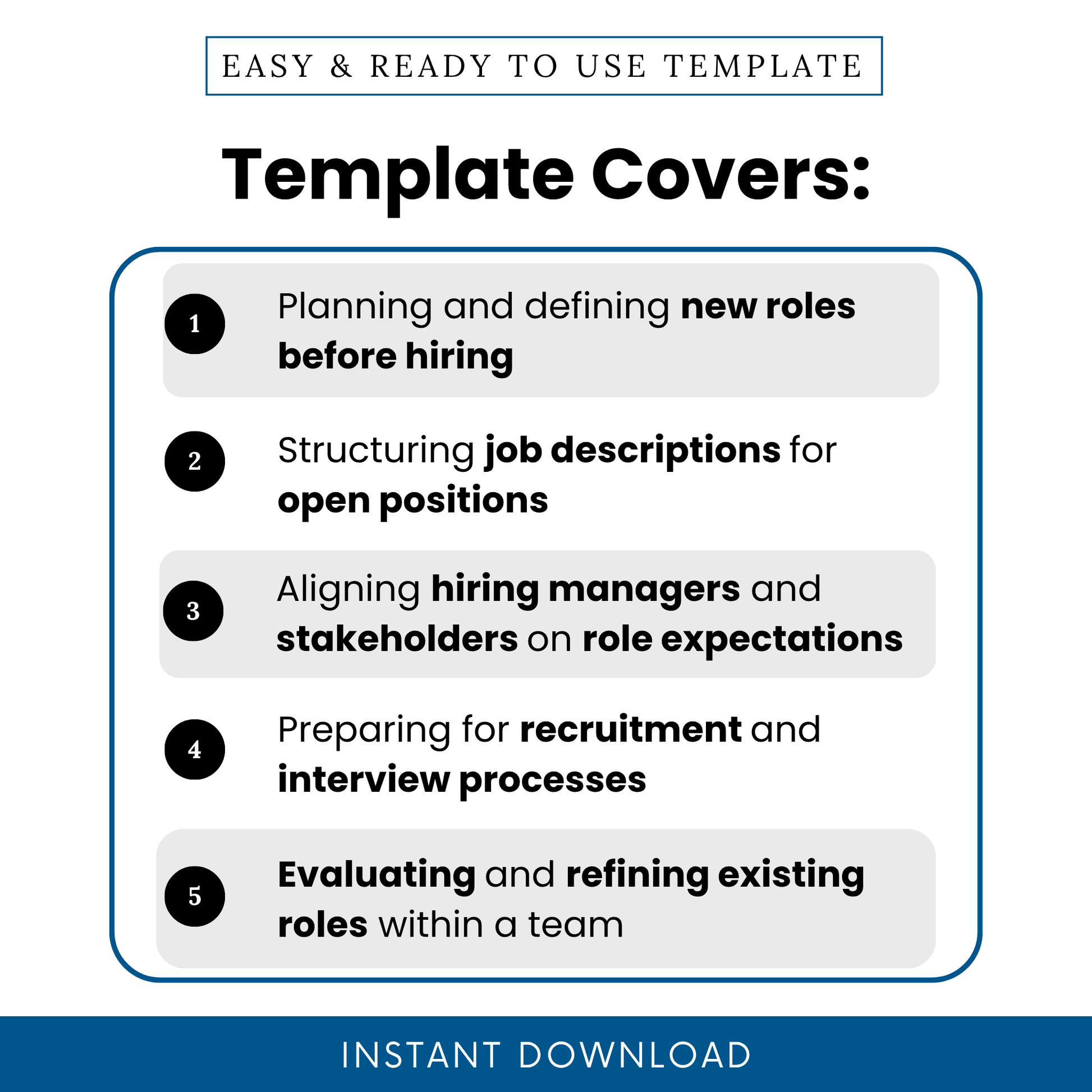 Role planning template use cases infographic showing hiring planning, job description creation, stakeholder alignment, recruitment preparation, and role evaluation for teams